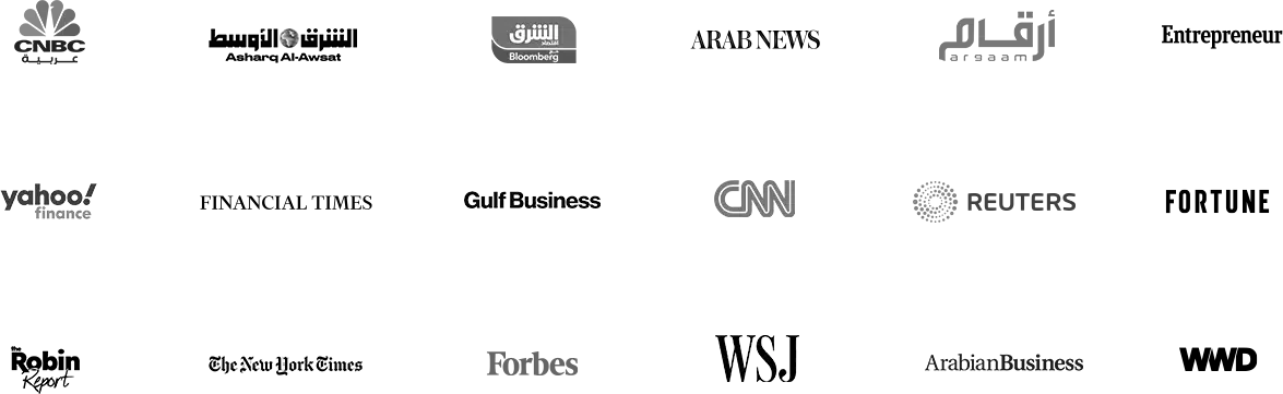 Logos of major media outlets that covered the RLC Global Forum including CNBC Arabia, Bloomberg Asharq, Arab News, CNN, Reuters, Financial Times, and more.
