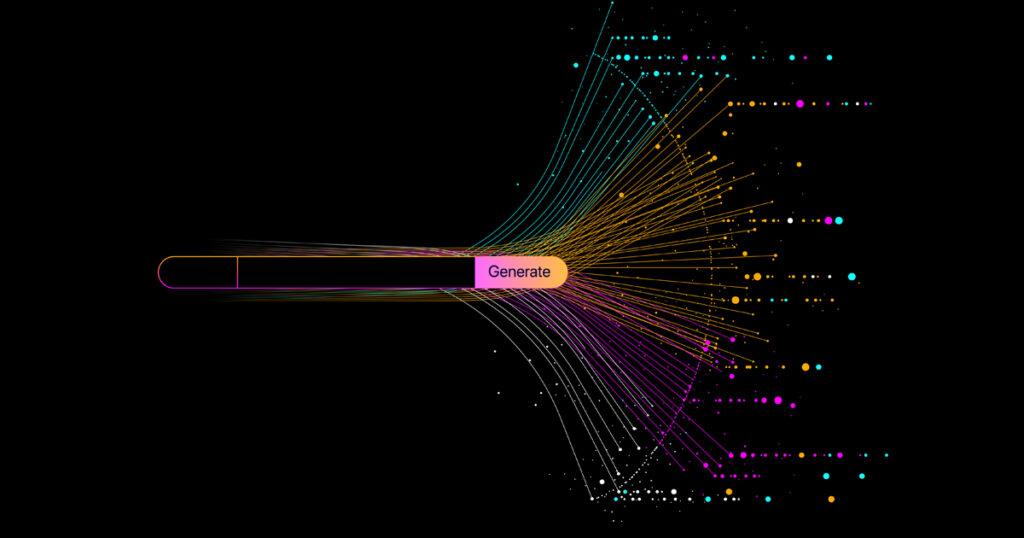 A colorful digital illustration of a “Generate” button on a black background, with dynamic lines and dots radiating outward, symbolizing data flow or AI-generated outputs.