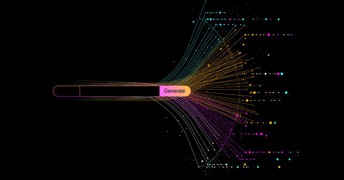 A colorful digital illustration of a “Generate” button on a black background, with dynamic lines and dots radiating outward, symbolizing data flow or AI-generated outputs.