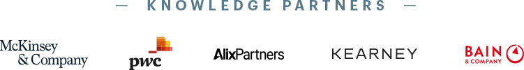 Logos of Knowledge Partners: McKinsey & Company, PwC, AlixPartners, Kearney, and Bain & Company.