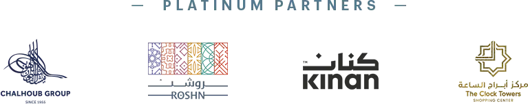 Logos of platinum partners including Chalhoub Group, Roshn, Kinan, and The Clock Towers.