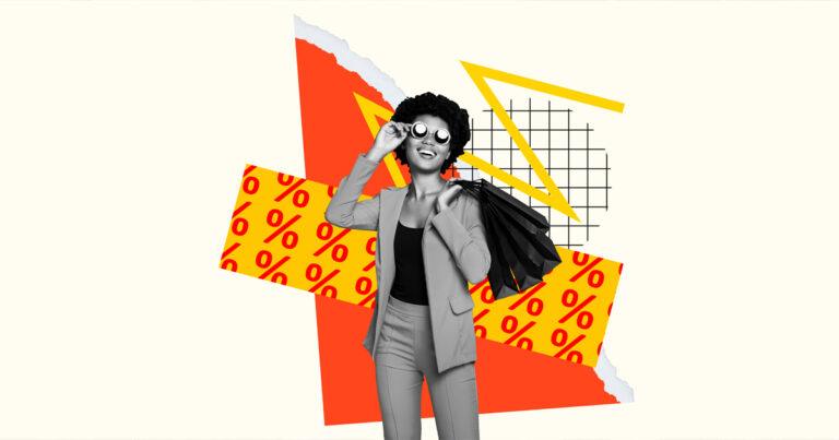 A woman wearing sunglasses and a pantsuit smiles while holding several shopping bags. The background features a bold collage of graphic shapes, including percentage symbols and abstract geometric patterns.