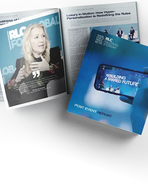 A composite image showing the RLC Global Forum Post Event Report for 2025 and a testimonial quote from Alarabiya News that praises the forum as a "meeting of visionaries and game-changers."