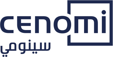 The Cenomi logo featuring modern blue typography with an outlined square frame.