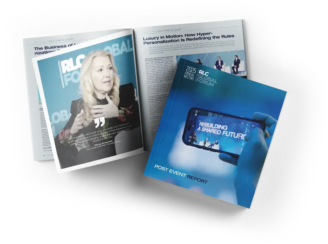 A flat lay showing the 2025 RLC Annual Global Meeting Forum Post Event Report, with a cover displaying "REBUILDING A SHARED FUTURE," next to an open magazine spread featuring a quote from Mindy Grossman.