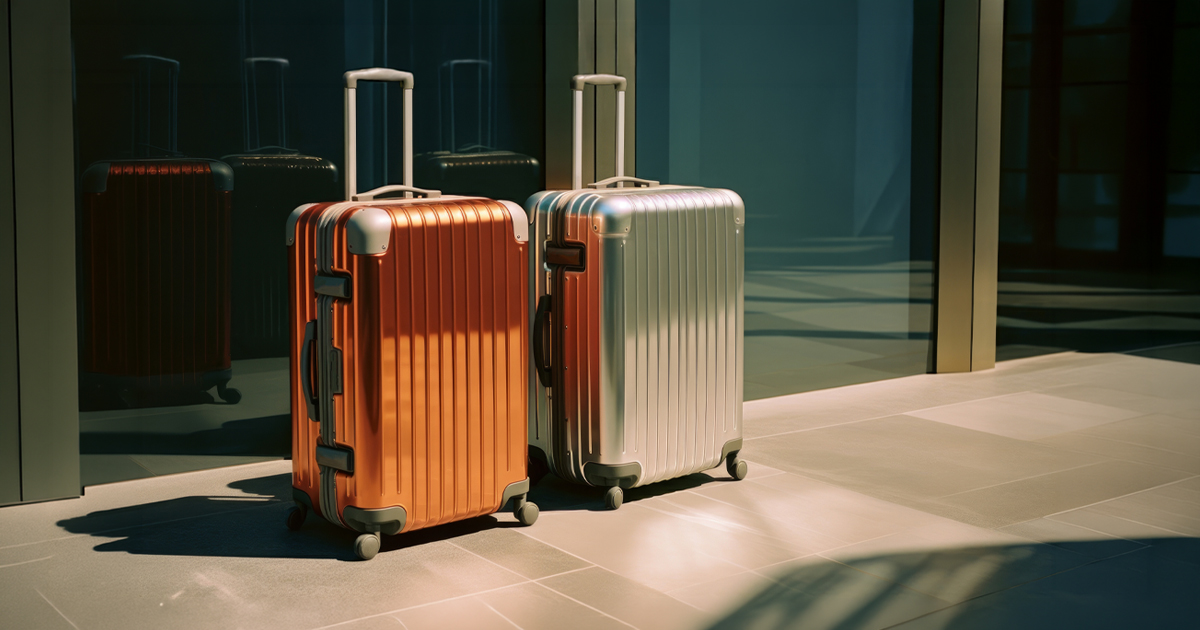 Two hard-shell premium suitcases standing outside glass doors in natural light.