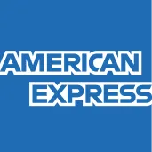American Express logo in white on a blue background.