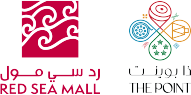 Brand header with two logos: a pink panel on the left featuring white ornamental swirls and Arabic text, and a black panel on the right with a multicolored circular knot emblem.