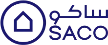 SACO logo: blue circular emblem with a house icon and Arabic text.