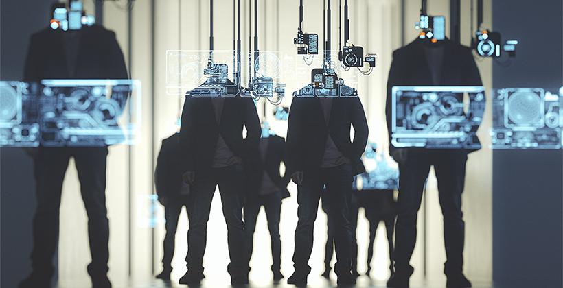 Futuristic concept of human figures integrated with digital interfaces and artificial intelligence, representing AI and advanced technology in the workplace.