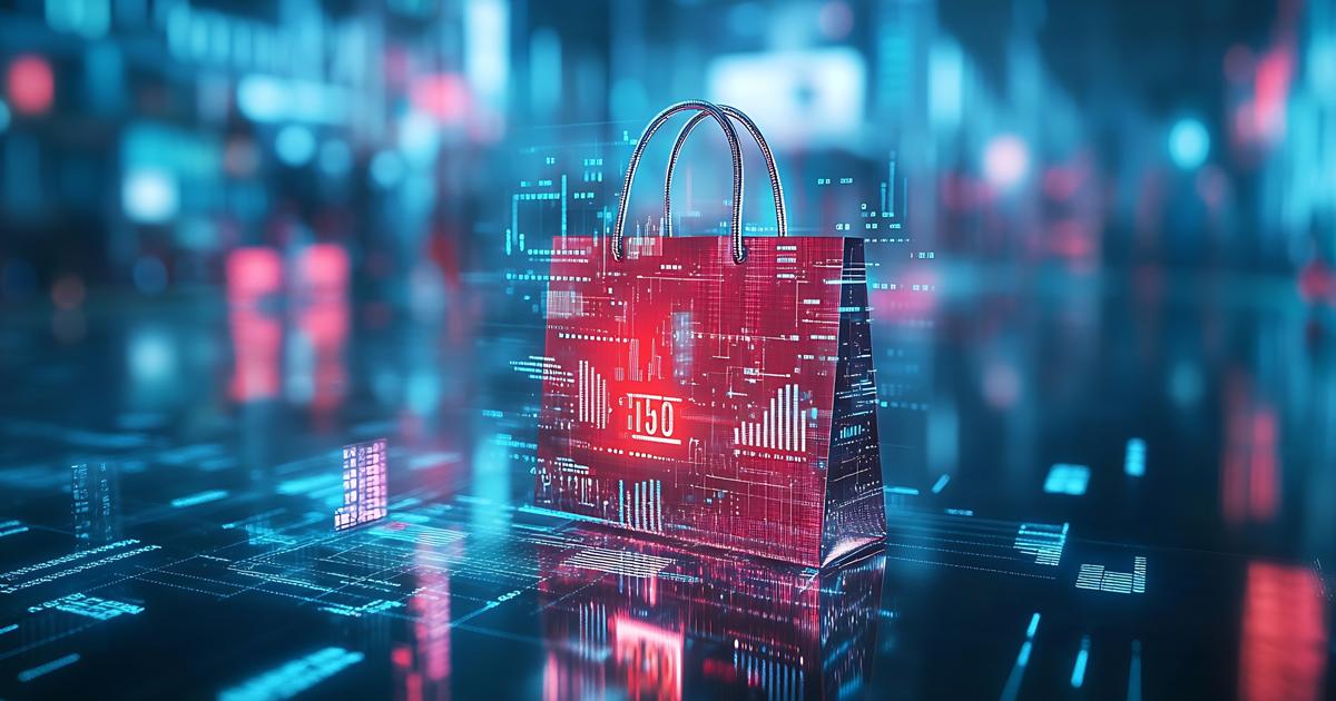 Futuristic red shopping bag with data and graphic overlays in a digital AI background.