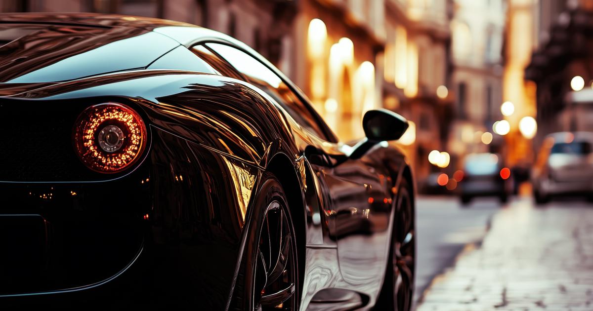 Close-up of a black super car parked on a city street at dusk, with blurred traffic and window stores in the background.