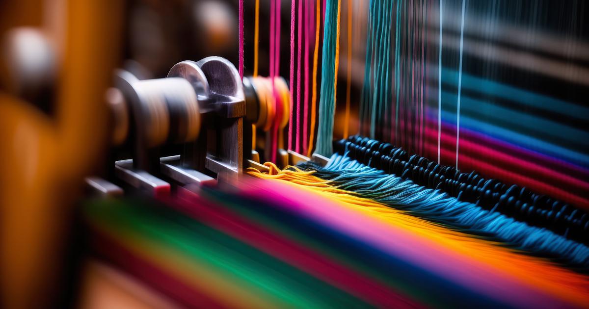 Close-up of a textile loom weaving bright multicolored threads, with vivid yarns stretched across the machine.