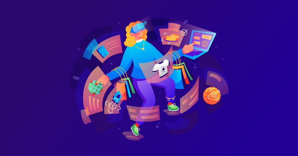 Illustration of a person using virtual and AI shopping tools. The figure wears a VR headset and interacts with floating digital screens showing clothing, gifts, and sports items.