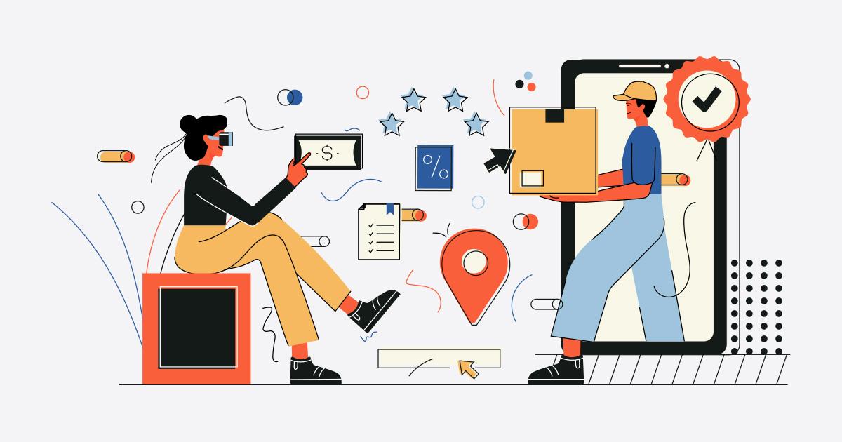 Illustration of a woman using virtual reality for online shopping and a delivery person emerging from a smartphone screen, representing immersive commerce in 2025.