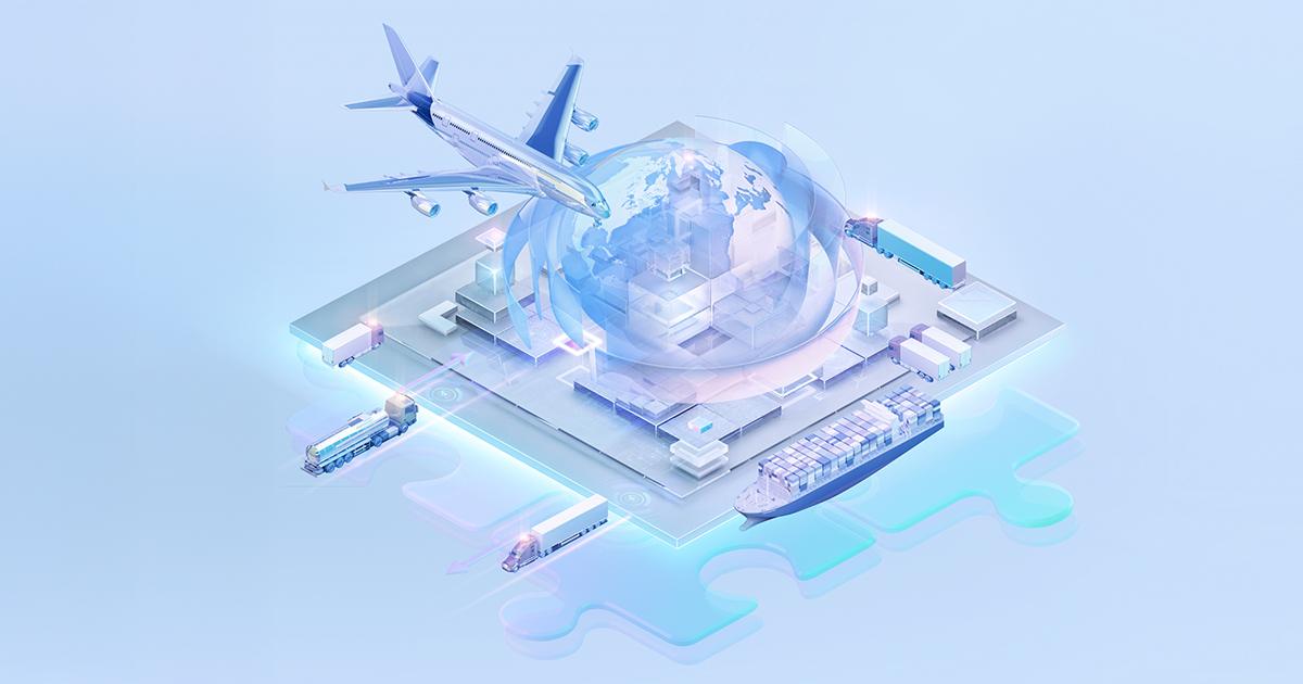 Illustration of global supply chain with cargo ship, plane, and trucks, representing trade wars and shifting global commerce.