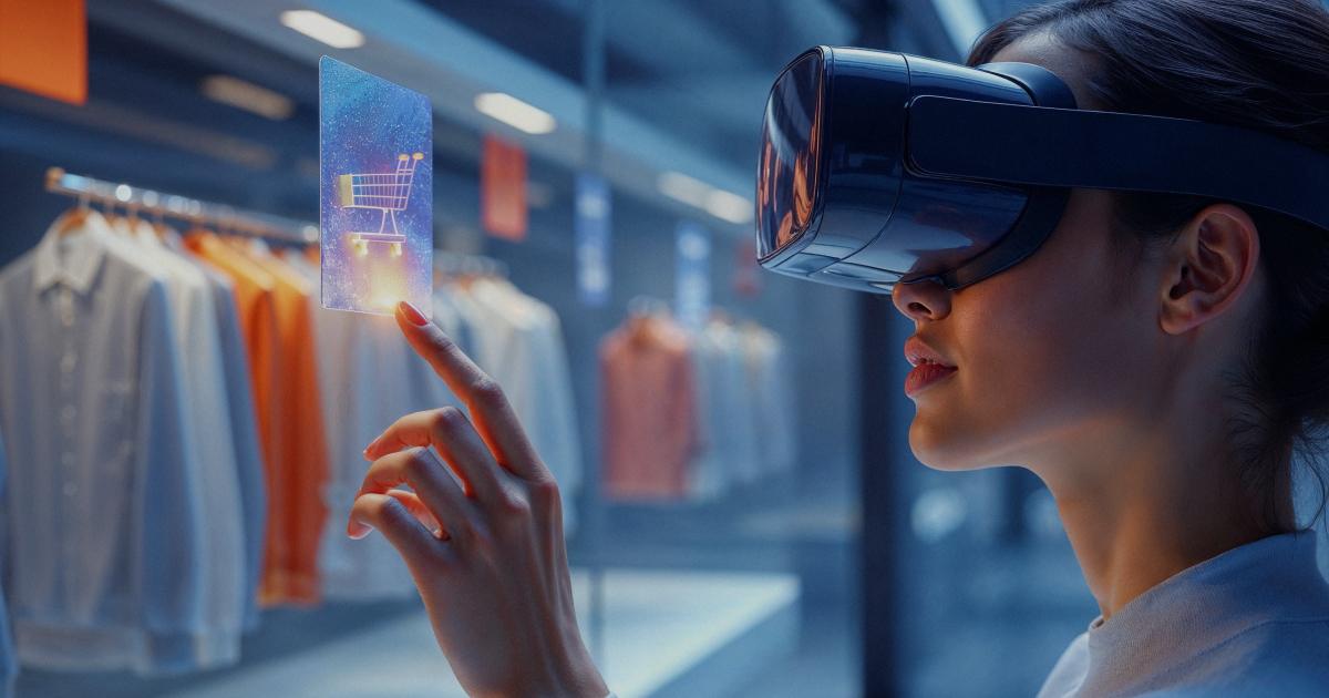 Woman wearing VR headset interacting with a virtual shopping cart display in a modern retail environment, representing immersive commerce.