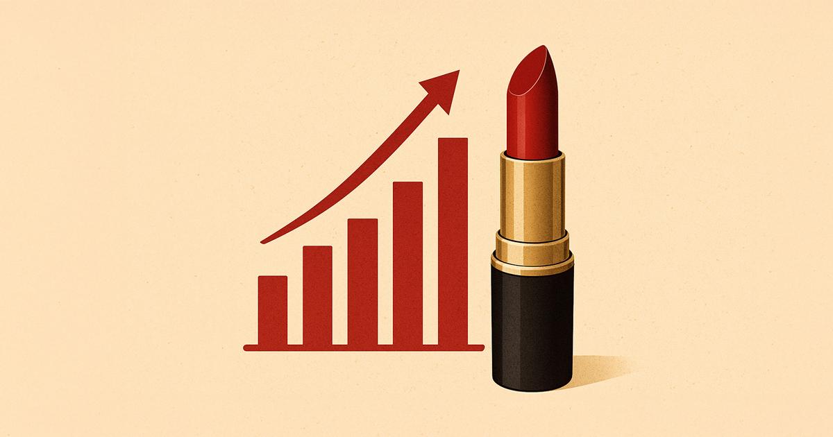 Illustration of a red lipstick next to an upward-trending bar graph, symbolizing the Lipstick Index and the beauty industry's performance during economic downturns and inflation.