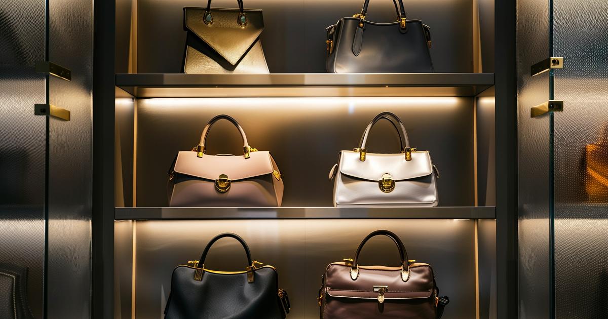 Luxury handbags displayed on illuminated shelves in a store.