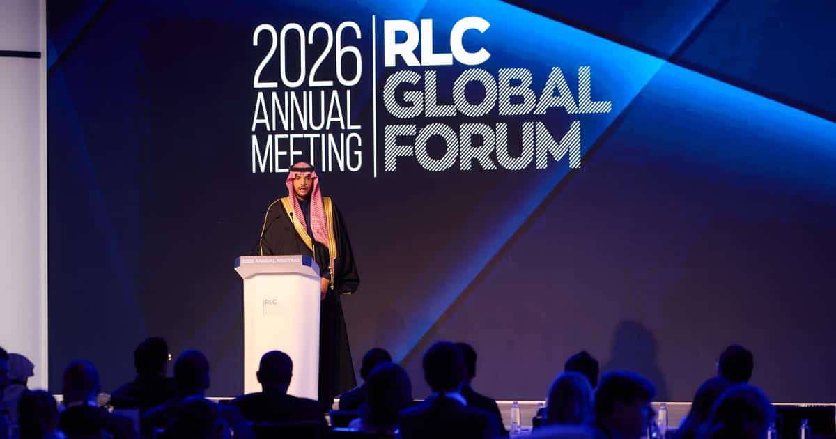 His Excellency Ammar Nagadi, Vice Minister of Economy and Planning, delivering the opening keynote on stage at the 2026 RLC Global Forum in Riyadh.