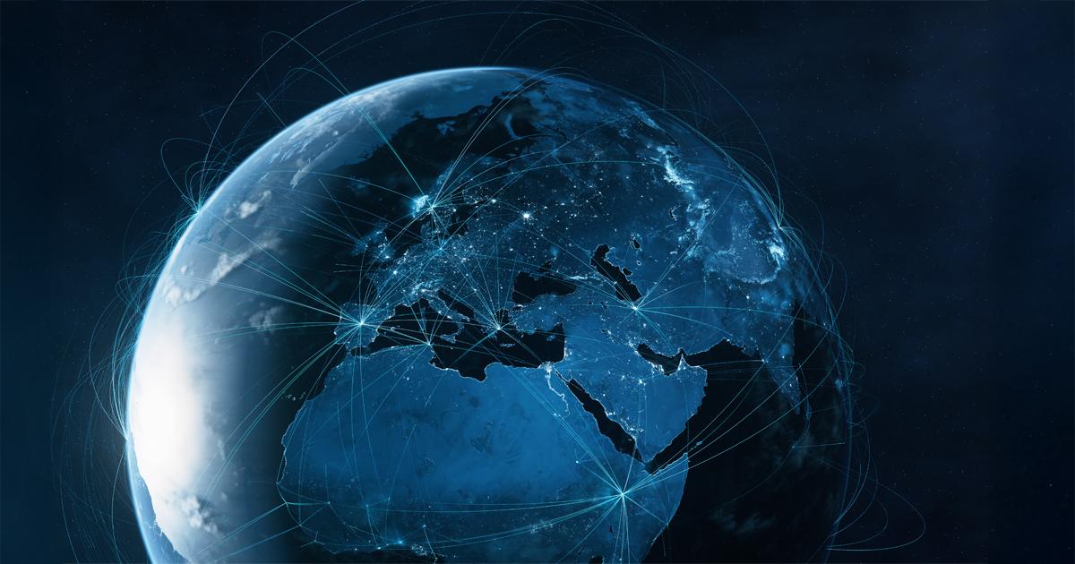 Digital rendering of earth at night, showing with glowing city lights and a network of blue connection lines.