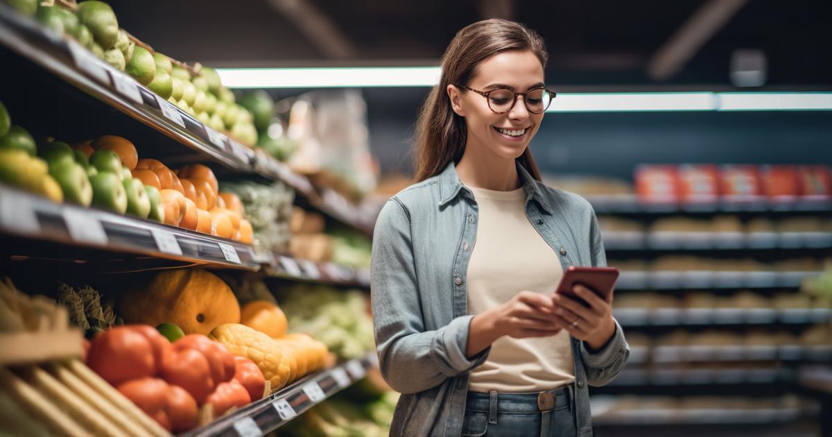 Young woman smiling while looking at her smartphone between aisles of fruit and vegetables in a grocery store.