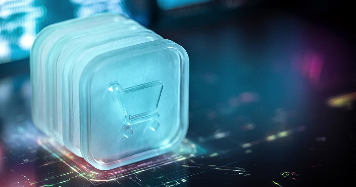 Transparent shopping cart icon on a digital interface, symbolizing the intersection of AI, e-commerce, and next-generation consumer behavior.