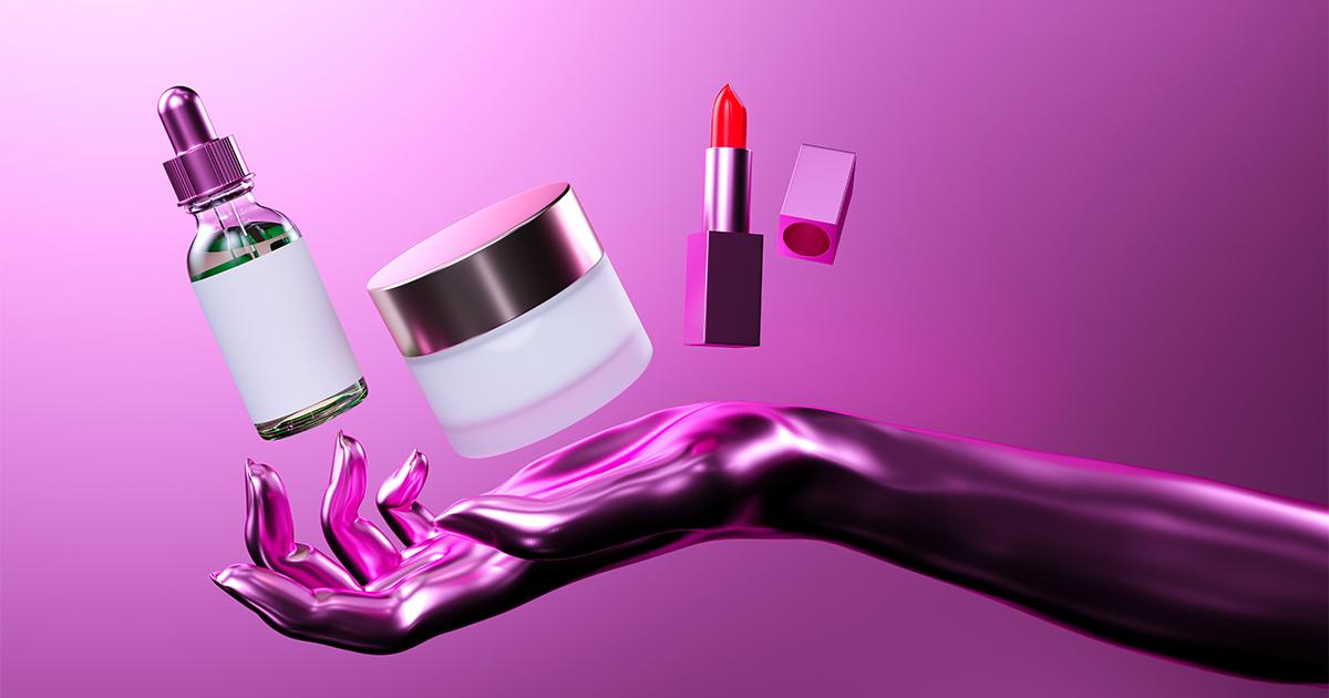 3D render of cosmetic items floating above a metallic hand against a bright pink background at RLC Global Forum.