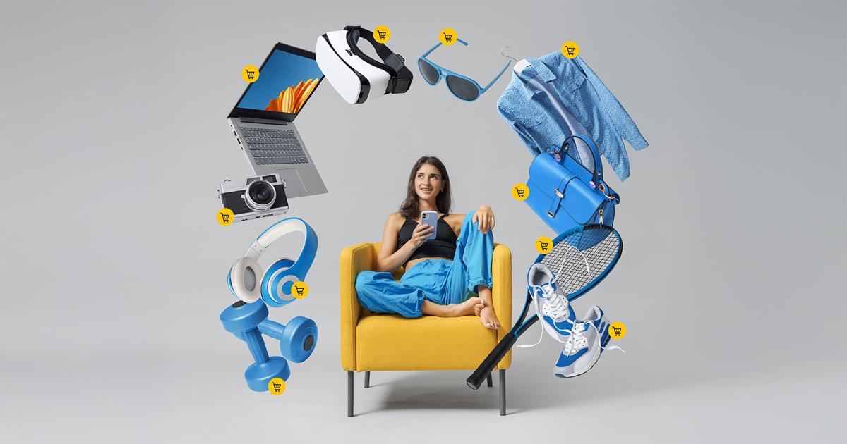 A woman seated in a yellow armchair holding a smartphone surrounded by floating consumer items and shopping cart icons at RLC Global Forum.