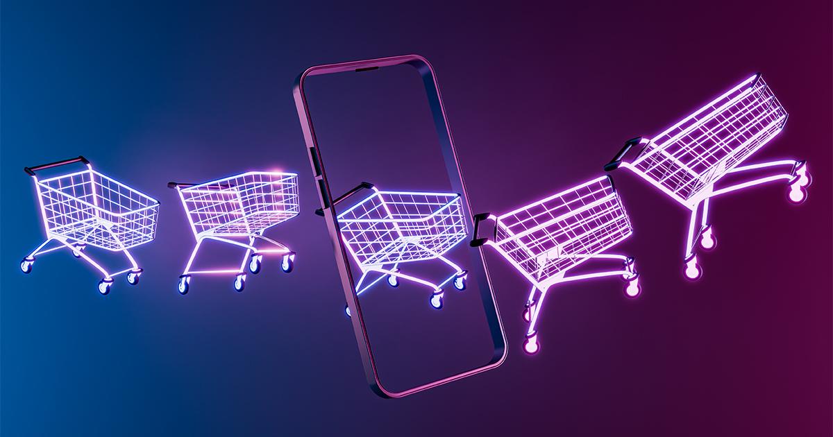 Glowing wireframe shopping carts moving through a mobile phone screen on a neon gradient background at RLC Global Forum.