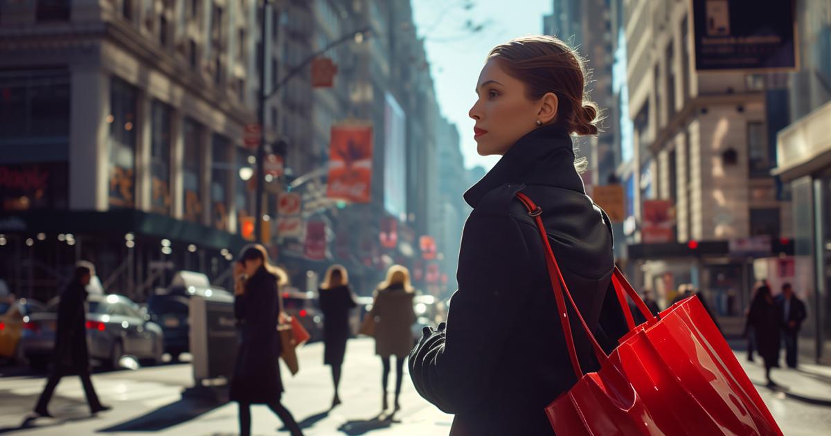 Woman in a black trench coat carrying a red shopping bag in a busy US city shopping district.