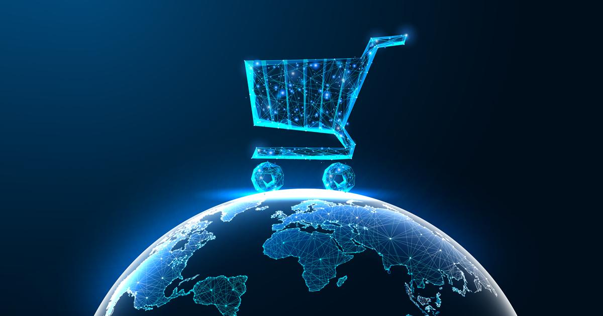 A glowing blue digital shopping cart resting on top of a illuminated wireframe globe at RLC Global Forum.