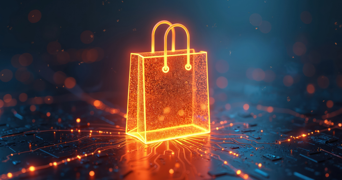 Glowing shopping bag on futuristic online retail interface with abstract circuit board connections.