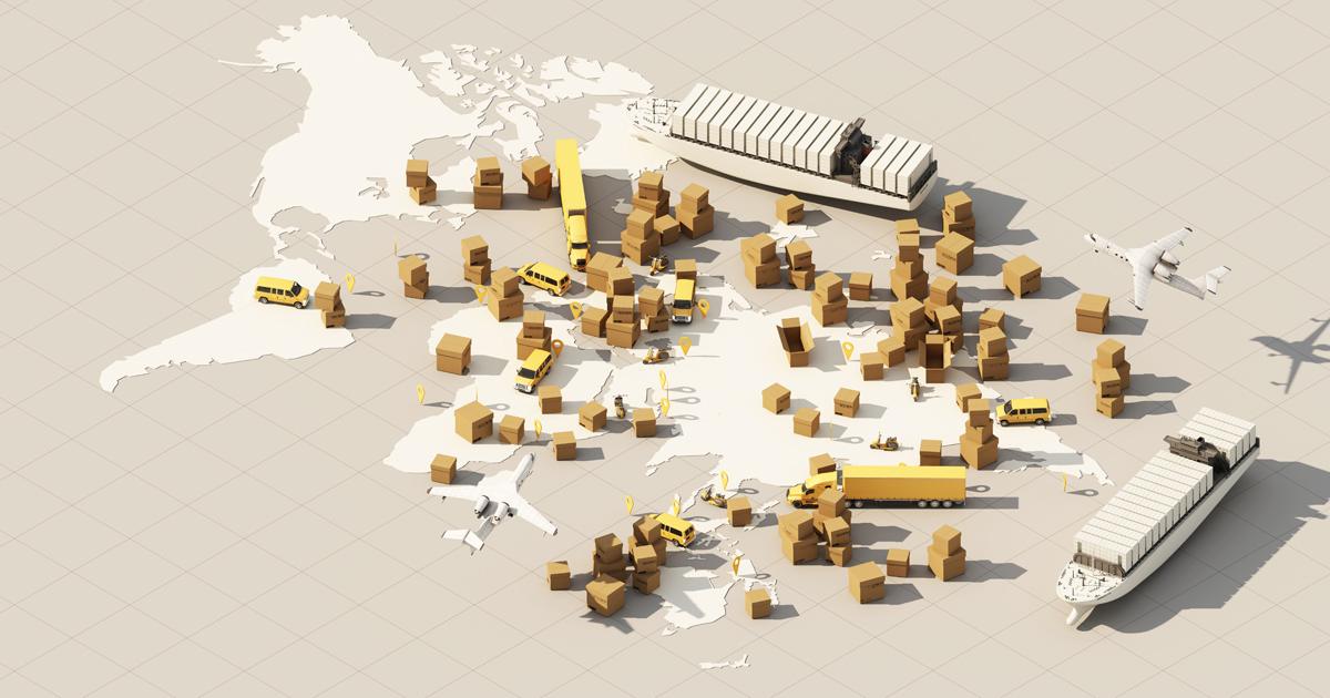 Isometric 3D illustration of a world map surrounded by cargo ships, airplanes, delivery trucks, and cardboard packages representing global logistics at RLC Global Forum.