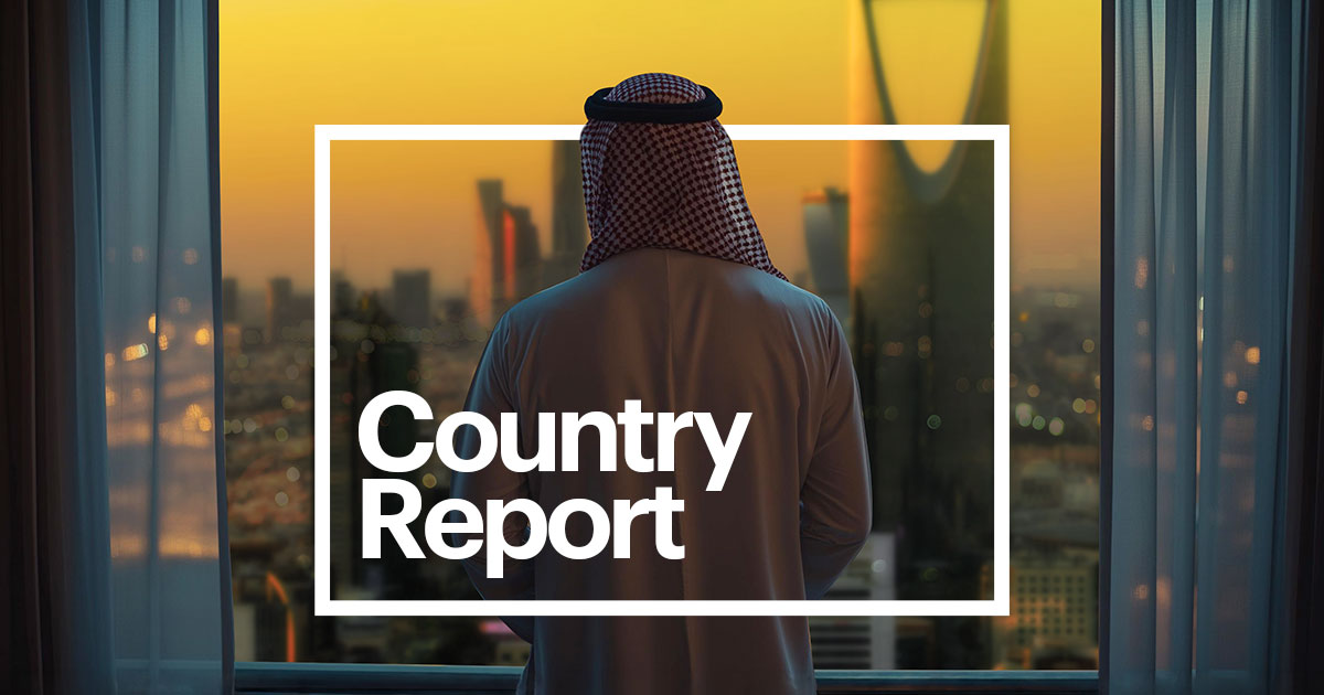 Saudi man in traditional attire overlooking Riyadh’s skyline, with “Country Report” text overlaid.